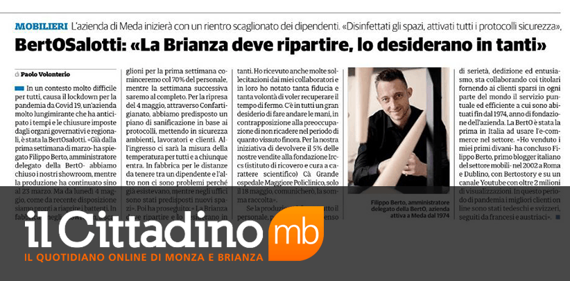  interview with Filippo Berto, CEO of BertO, in the weekly newspaper Il Cittadino of Monza and Brianza