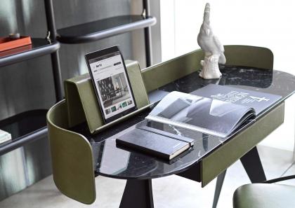 Designer desk Jim with top in Marquina marble and upright back panel upholstered in green Flower leather - BertO