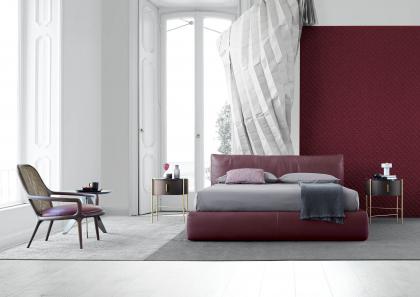 Bedroom furnished with Soho double bed in burgundy tinted leather - BertO