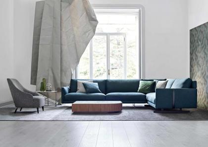 Stage coffee table in Carrara marble with Dee Dee ottanio sofa and Emilia armchair - BertO