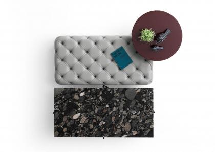 Capitonné pouf with Circus lacquered coffee table and Riff Top in Marinace Black granite