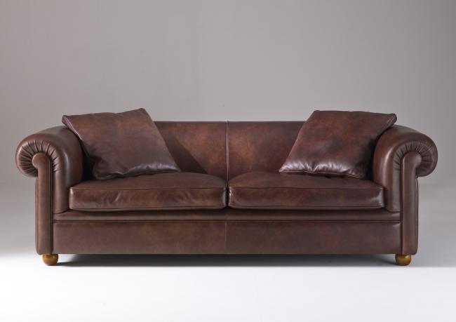York Classic Leather Sofa With Scroll, Scroll Arm Leather Sofa