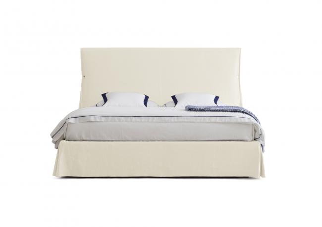Bed with headboard in stain-resistant linen - white color