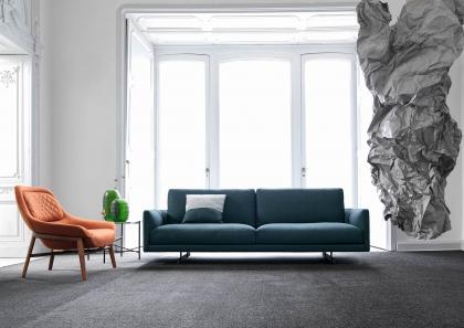 The Dee Dee modern living room sofa with Riff coffee table in Brazilian Emerald Quartzite