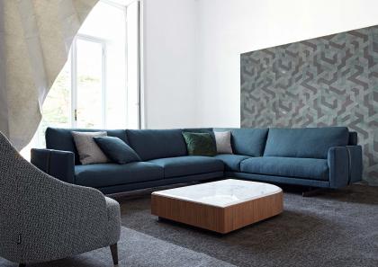 The Dee Dee corner sofa upholstered in fabric is made of elements in polyurethane foam which makes it indestructible