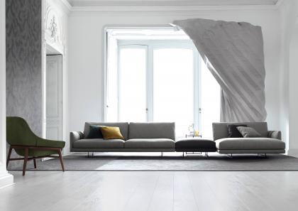 Dee Dee sofa in fabric in a composition with pouf in leather  - BertO